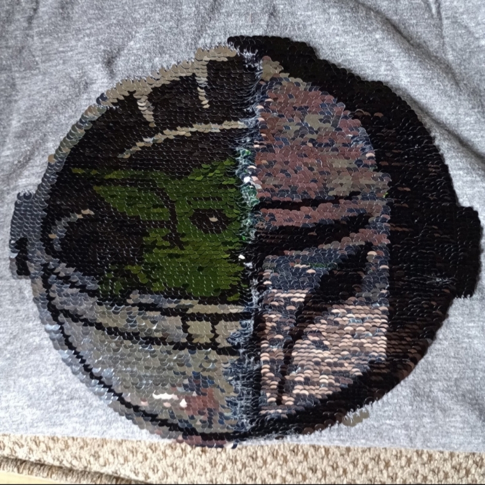 Girls XL Mandalorian Helmet and Grogu (The Child) Sequin Reversible Shirt